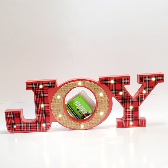 New JOY Sign Light-up Holiday Decor, Holiday Red Plaid, and Burlap - Picture 7 of 7